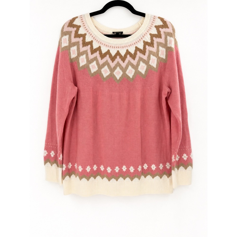Talbots Fair Isle Sweater‎ Women 1X Pink Lambswool Blend Nordic Winter Preppy